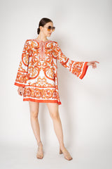 Dolce & Gabbana Long Sleeve Kaftan Mini Dress in Orange Majolica Print Vancouver. Shop Online or in Store.