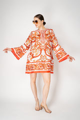 Dolce & Gabbana Long Sleeve Kaftan Mini Dress in Orange Majolica Print Vancouver. Shop Online or in Store.