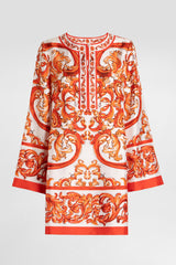 Dolce & Gabbana Long Sleeve Kaftan Mini Dress in Orange Majolica Print Vancouver. Shop Online or in Store.