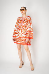 Dolce & Gabbana Long Sleeve Kaftan Mini Dress in Orange Majolica Print Vancouver. Shop Online or in Store.