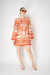 Dolce & Gabbana Long Sleeve Kaftan Mini Dress in Orange Majolica Print Vancouver. Shop Online or in Store.