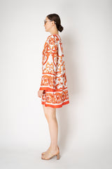 Dolce & Gabbana Long Sleeve Kaftan Mini Dress in Orange Majolica Print Vancouver. Shop Online or in Store.