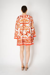 Dolce & Gabbana Long Sleeve Kaftan Mini Dress in Orange Majolica Print Vancouver. Shop Online or in Store.