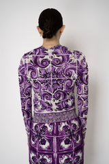 Dolce & Gabbana Majolica Print Knitted Silk Cardigan in Orchid Purple Vancouver. Shop Online or in Store.