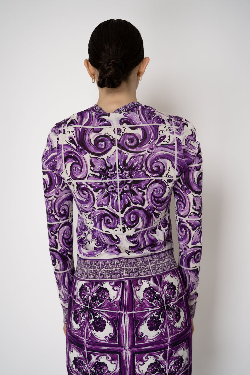 Dolce & Gabbana Majolica Print Knitted Silk Cardigan in Orchid Purple Vancouver. Shop Online or in Store.