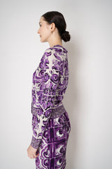 Dolce & Gabbana Majolica Print Knitted Silk Cardigan in Orchid Purple Vancouver. Shop Online or in Store.