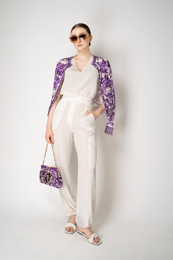 Dolce & Gabbana Majolica Print Knitted Silk Cardigan in Orchid Purple Vancouver. Shop Online or in Store.