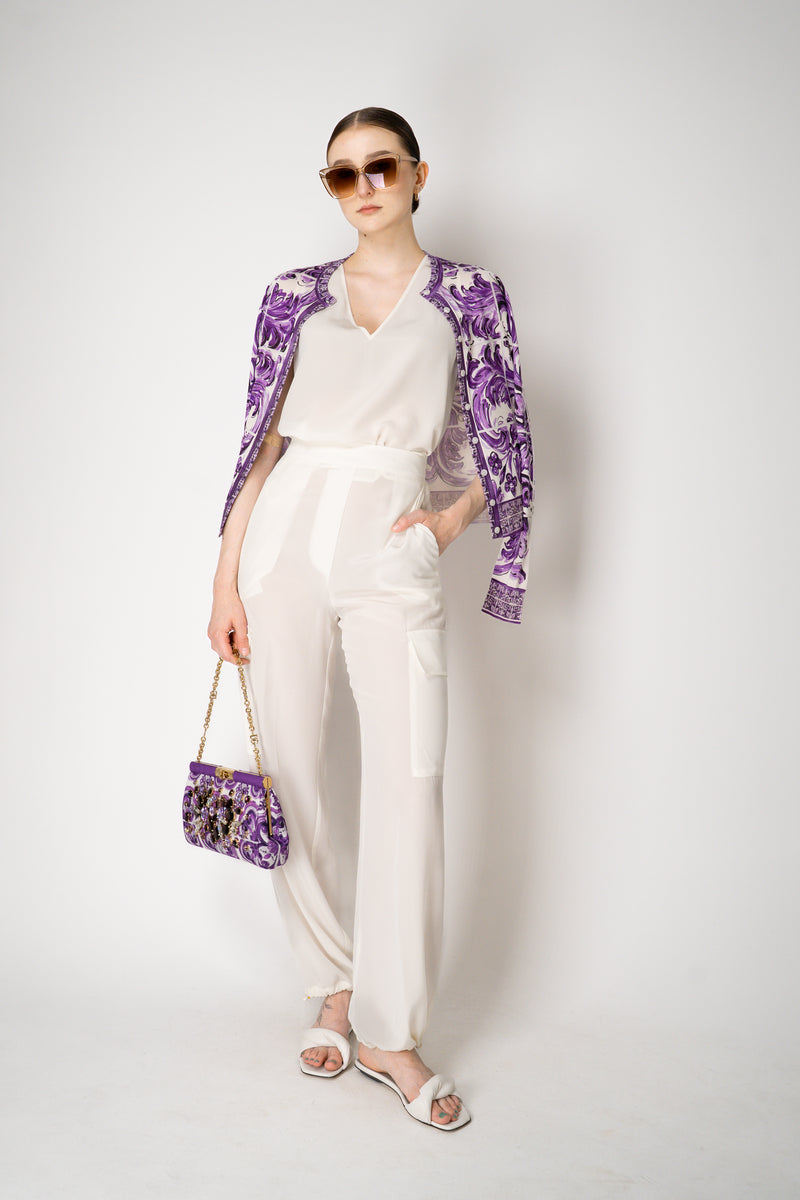 Dolce & Gabbana Majolica Print Knitted Silk Cardigan in Orchid Purple Vancouver. Shop Online or in Store.