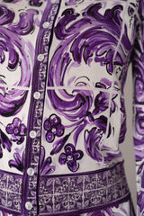 Dolce & Gabbana Majolica Print Knitted Silk Cardigan in Orchid Purple Vancouver. Shop Online or in Store.