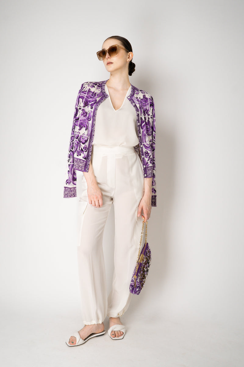 Dolce & Gabbana Majolica Print Knitted Silk Cardigan in Orchid Purple Vancouver. Shop Online or in Store.