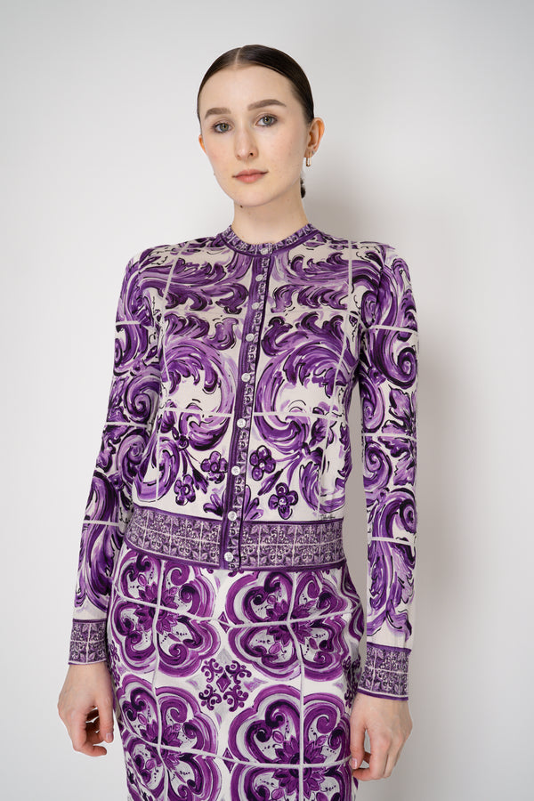 Dolce & Gabbana Majolica Print Knitted Silk Cardigan in Orchid Purple Vancouver. Shop Online or in Store.