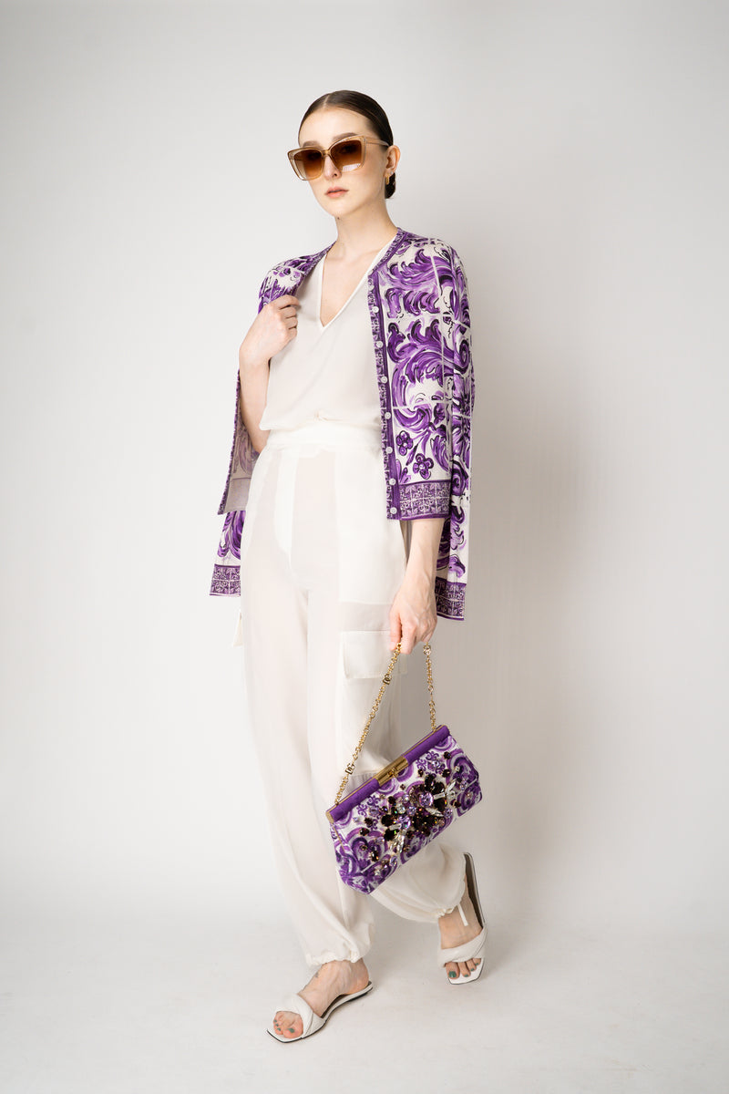 Dolce & Gabbana Majolica Print Knitted Silk Cardigan in Orchid Purple Vancouver. Shop Online or in Store.
