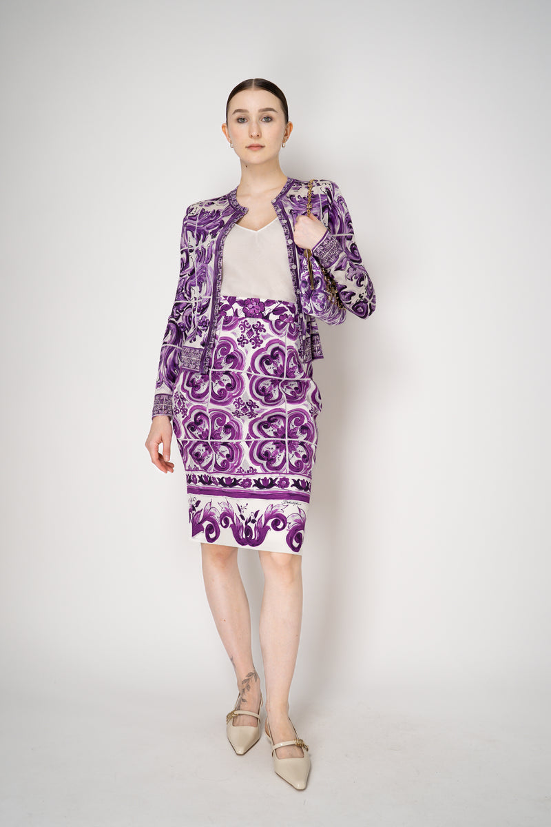 Dolce & Gabbana Majolica Print Knitted Silk Cardigan in Orchid Purple Vancouver. Shop Online or in Store.