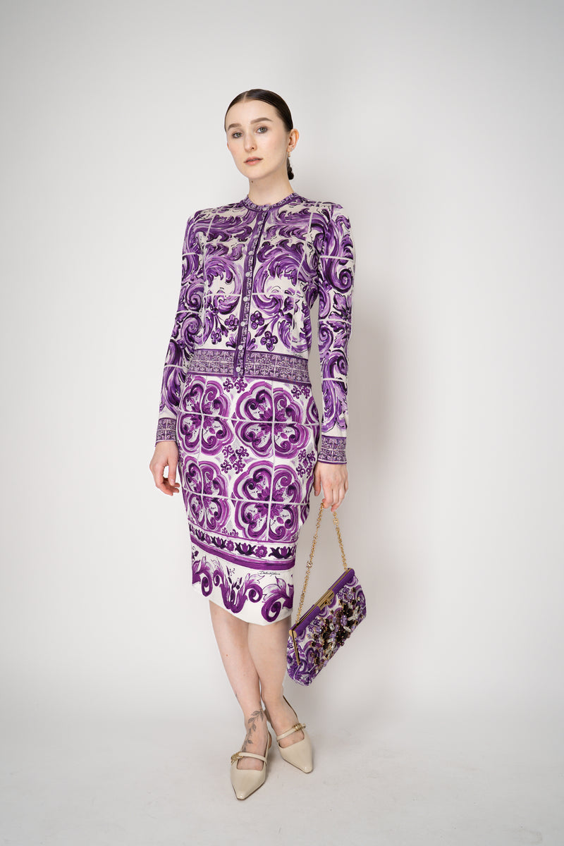 Dolce & Gabbana Majolica Print Knitted Silk Cardigan in Orchid Purple Vancouver. Shop Online or in Store.