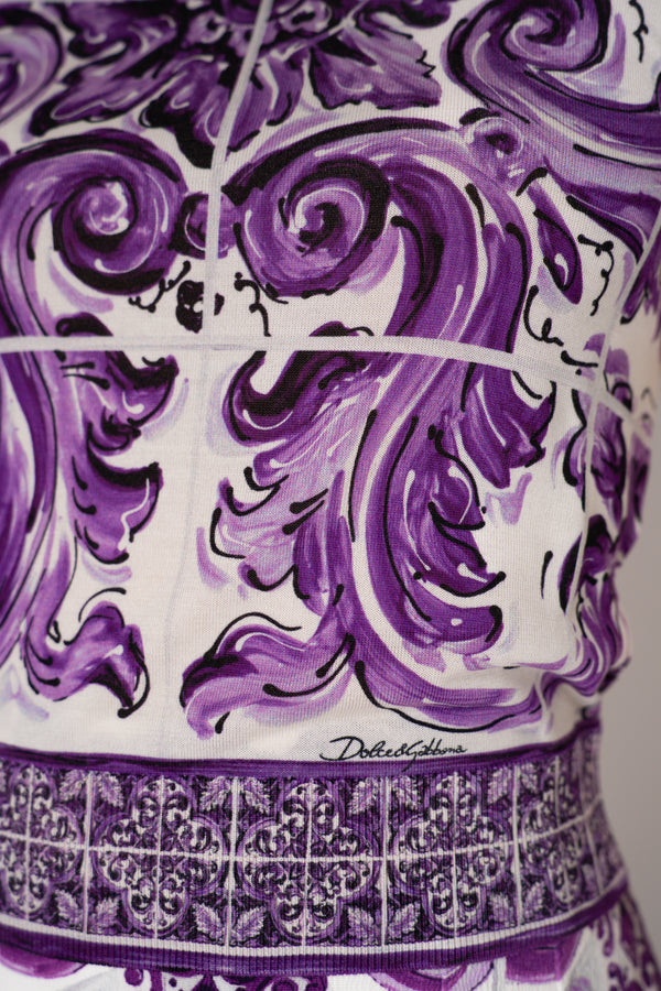 Dolce & Gabbana Majolica Print Knitted Sleeveless Top in Orchid Purple Vancouver. Shop Online or in Store.
