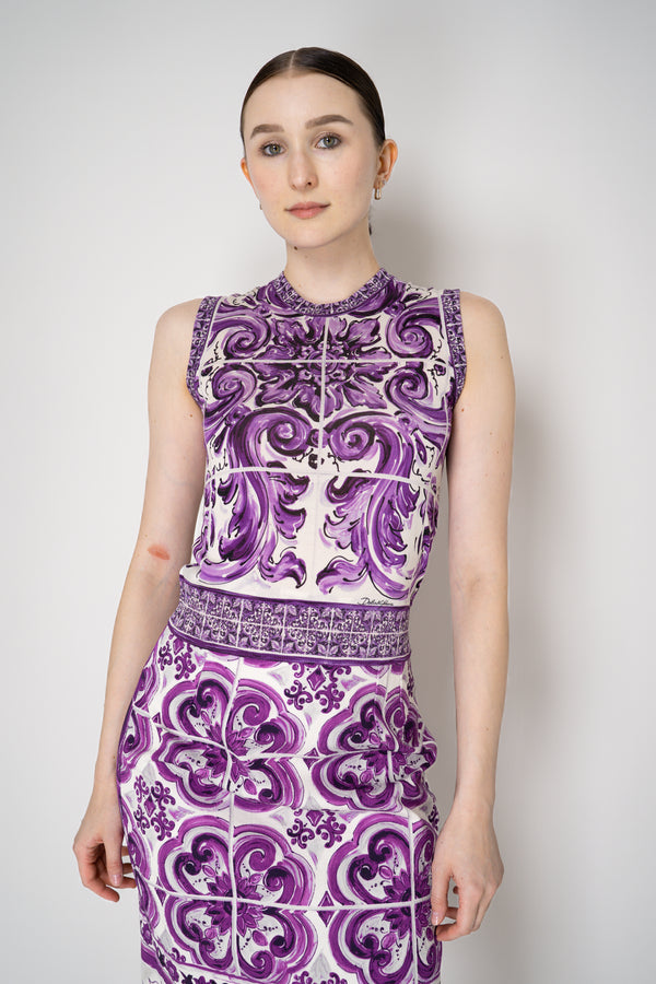 Dolce & Gabbana Majolica Print Knitted Sleeveless Top in Orchid Purple Vancouver. Shop Online or in Store.