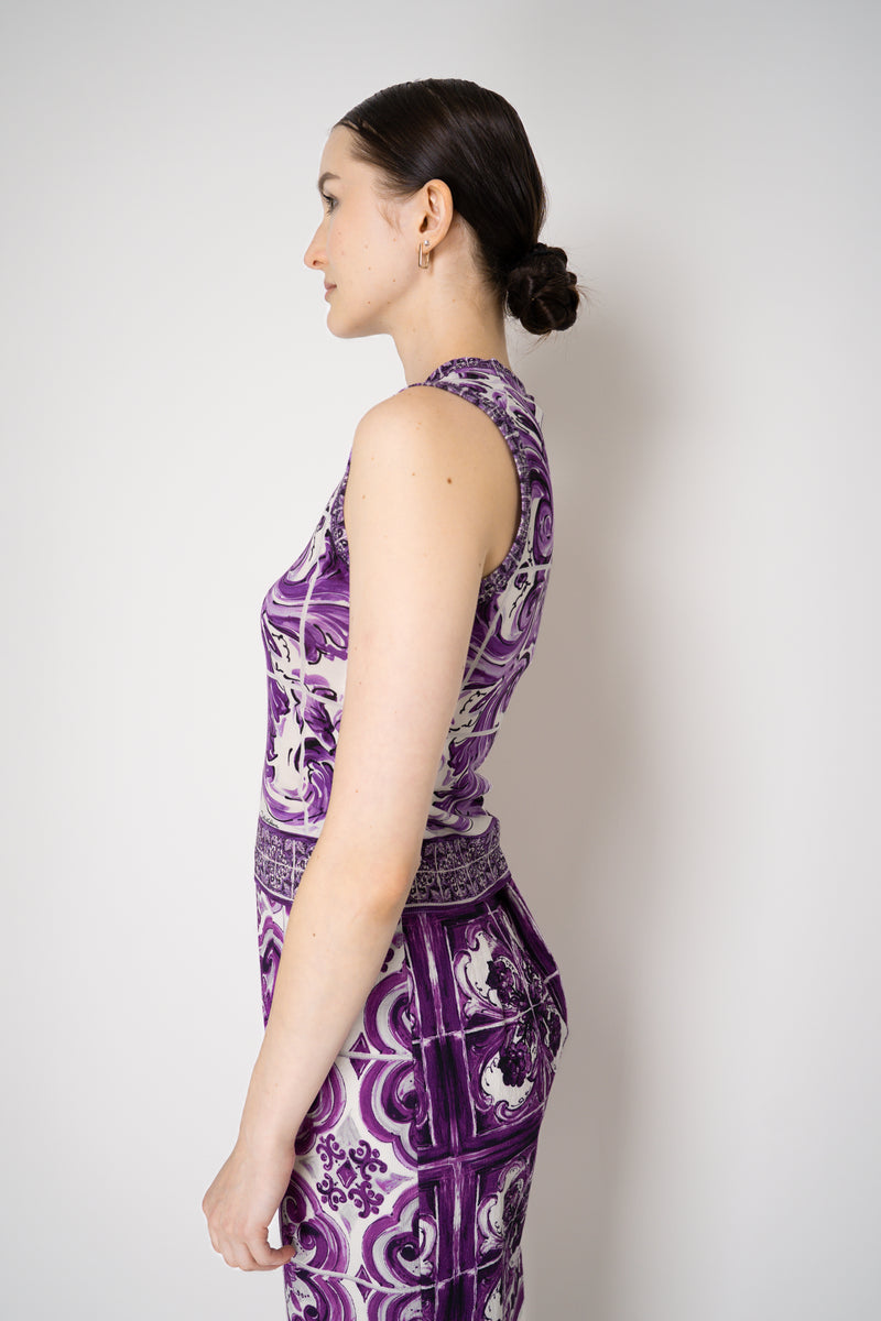 Dolce & Gabbana Majolica Print Knitted Sleeveless Top in Orchid Purple Vancouver. Shop Online or in Store.