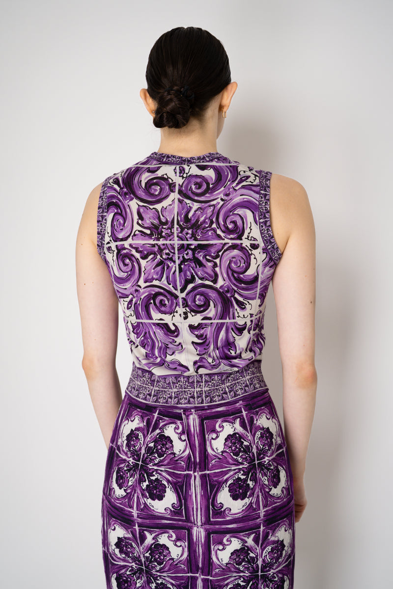 Dolce & Gabbana Majolica Print Knitted Sleeveless Top in Orchid Purple Vancouver. Shop Online or in Store.