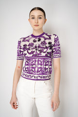 Dolce & Gabbana Majolica Print Knitted T-shirt in Orchid Purple Vancouver. Shop Online or in Store.