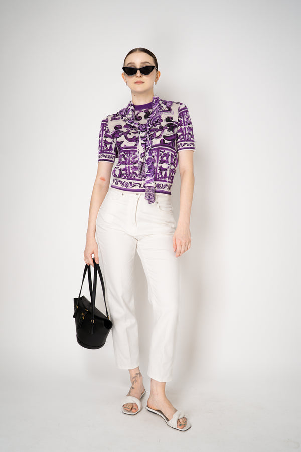 Dolce & Gabbana Majolica Print Knitted T-shirt in Orchid Purple Vancouver. Shop Online or in Store.