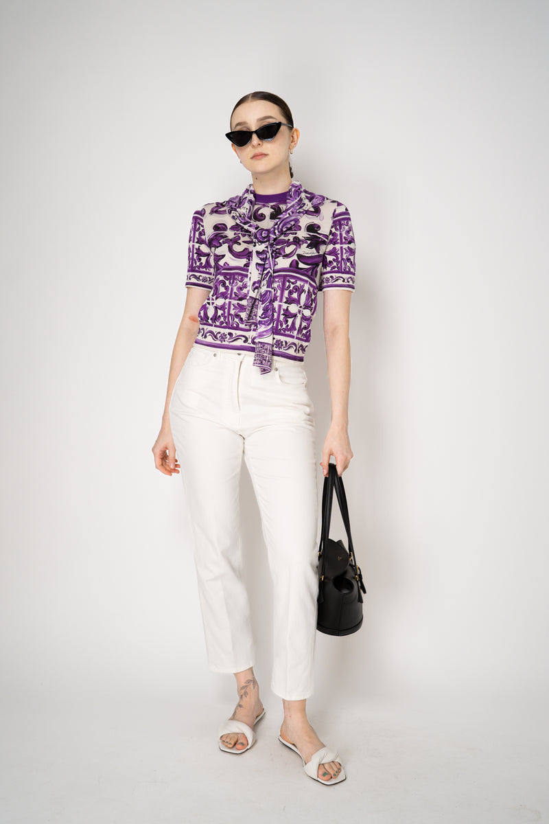 Dolce & Gabbana Majolica Print Knitted T-shirt in Orchid Purple Vancouver. Shop Online or in Store.