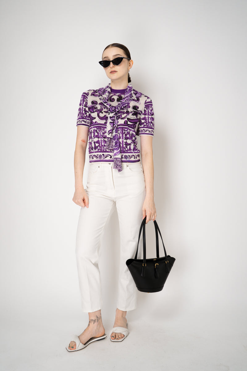 Dolce & Gabbana Majolica Print Knitted T-shirt in Orchid Purple Vancouver. Shop Online or in Store.