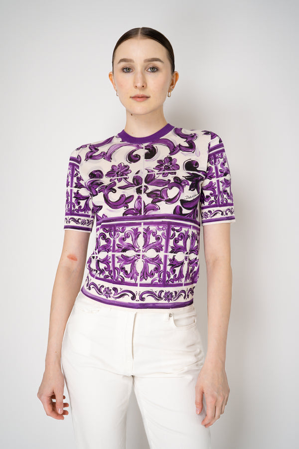 Dolce & Gabbana Majolica Print Knitted T-shirt in Orchid Purple Vancouver. Shop Online or in Store.