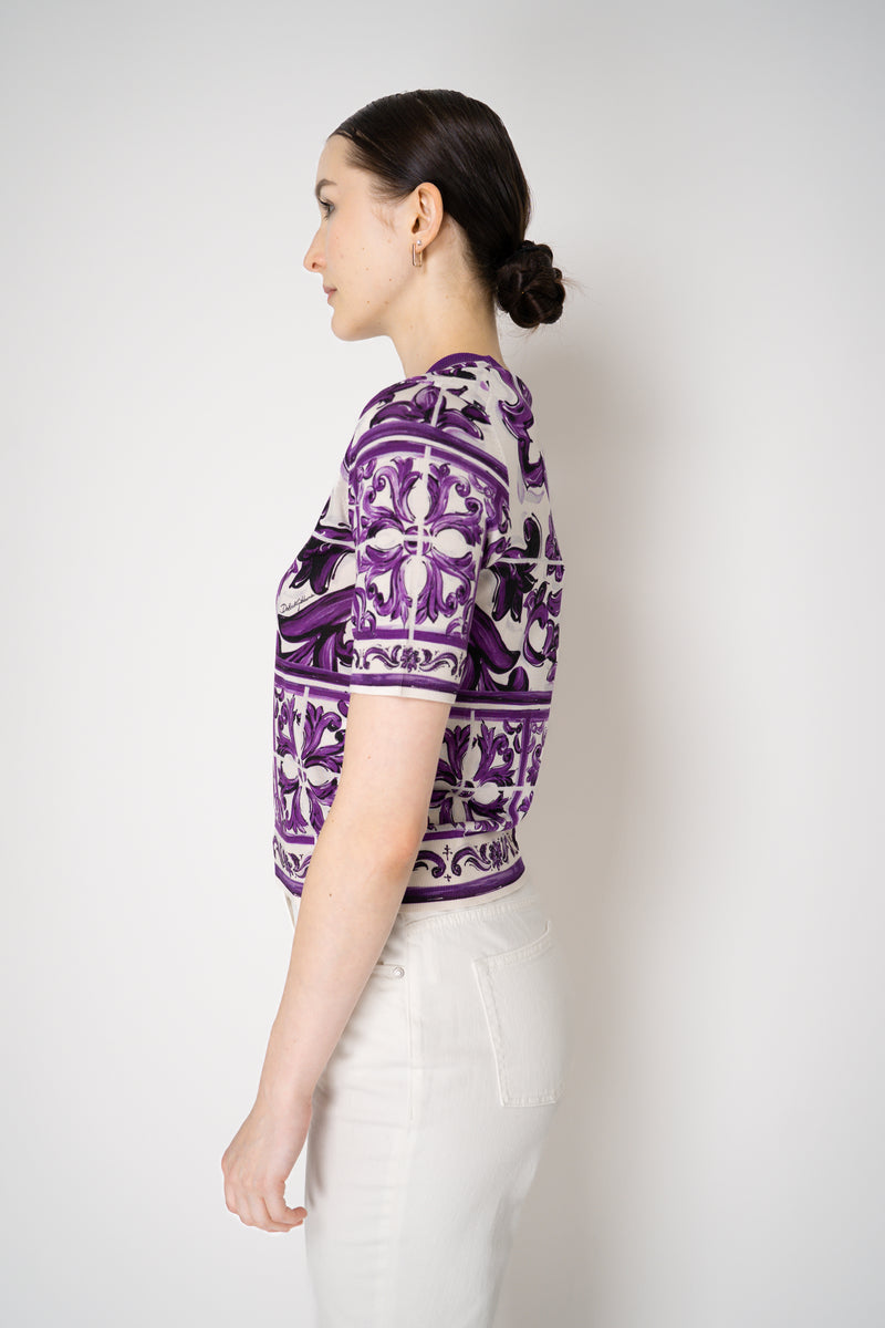 Dolce & Gabbana Majolica Print Knitted T-shirt in Orchid Purple Vancouver. Shop Online or in Store.