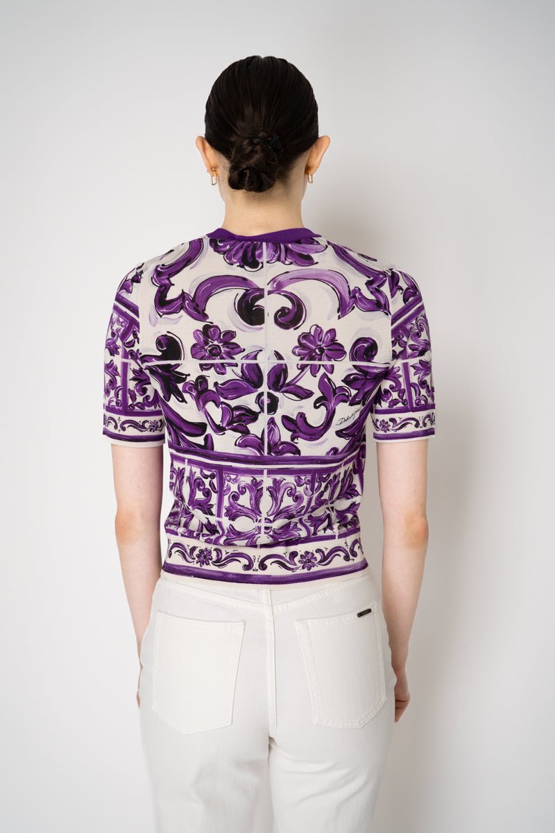 Dolce & Gabbana Majolica Print Knitted T-shirt in Orchid Purple Vancouver. Shop Online or in Store.