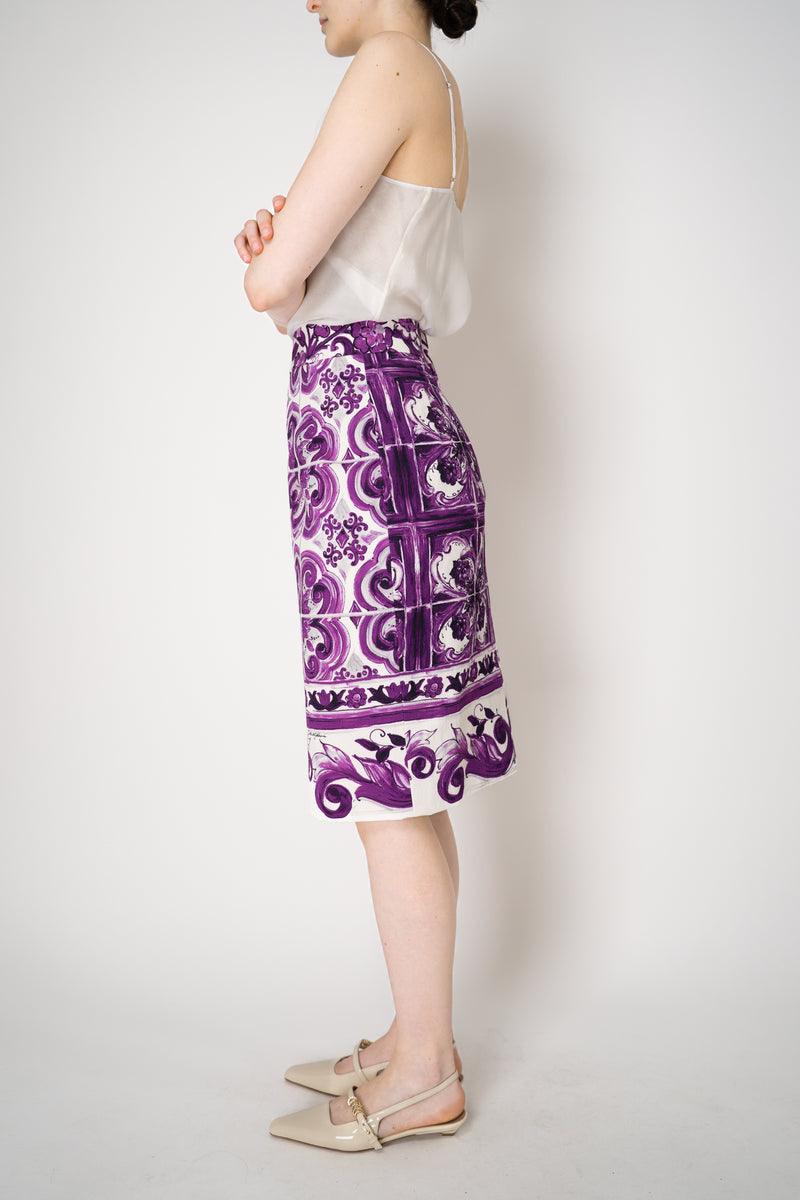 Dolce & Gabbana Majolica Print Viscose Blend Stretch Pencil Skirt in Orchid Purple Vancouver. Shop Online or in Store.