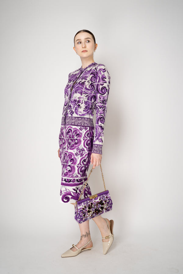 Dolce & Gabbana Majolica Print Viscose Blend Stretch Pencil Skirt in Orchid Purple Vancouver. Shop Online or in Store.