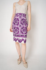 Dolce & Gabbana Majolica Print Viscose Blend Stretch Pencil Skirt in Orchid Purple Vancouver. Shop Online or in Store.