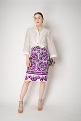 Dolce & Gabbana Majolica Print Viscose Blend Stretch Pencil Skirt in Orchid Purple Vancouver. Shop Online or in Store.