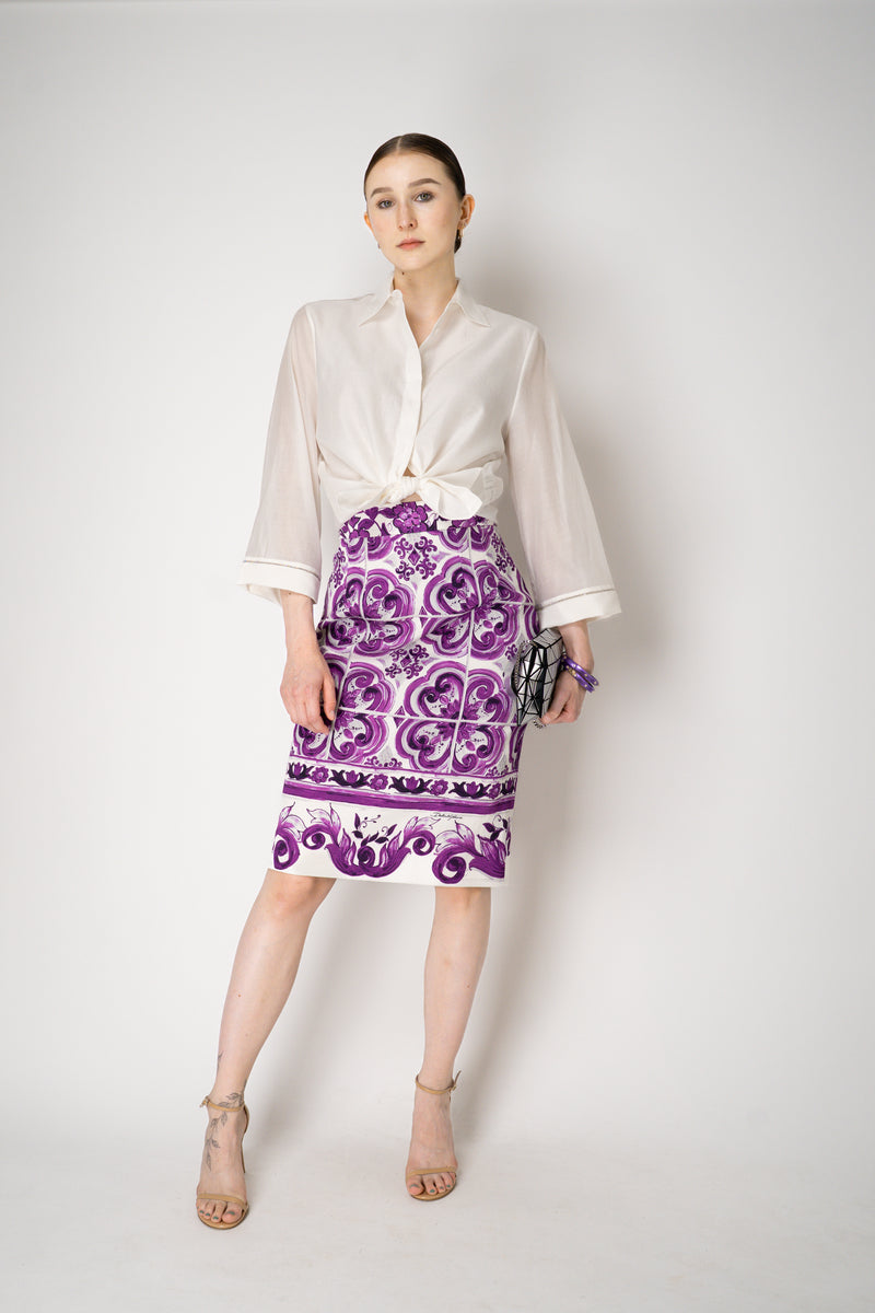 Dolce & Gabbana Majolica Print Viscose Blend Stretch Pencil Skirt in Orchid Purple Vancouver. Shop Online or in Store.
