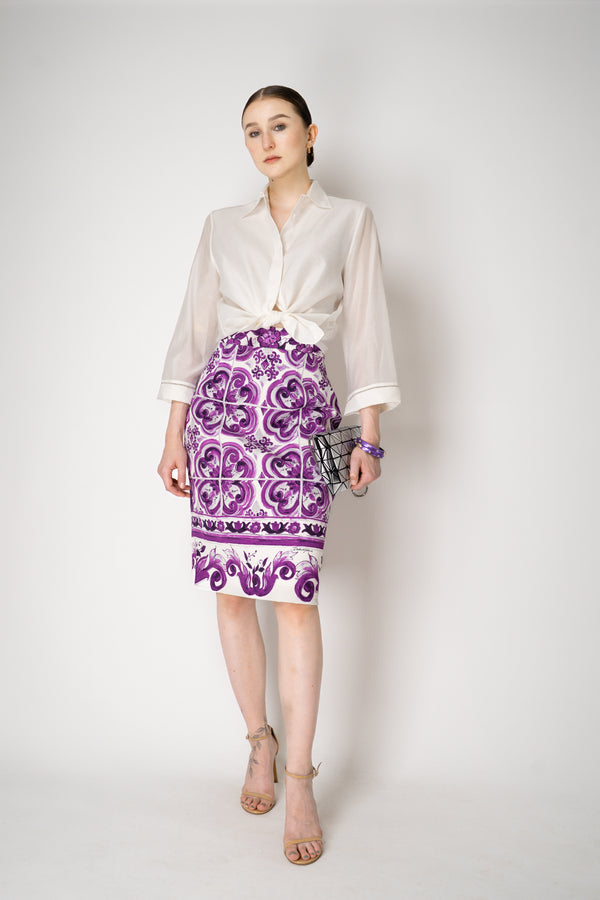 Dolce & Gabbana Majolica Print Viscose Blend Stretch Pencil Skirt in Orchid Purple Vancouver. Shop Online or in Store.