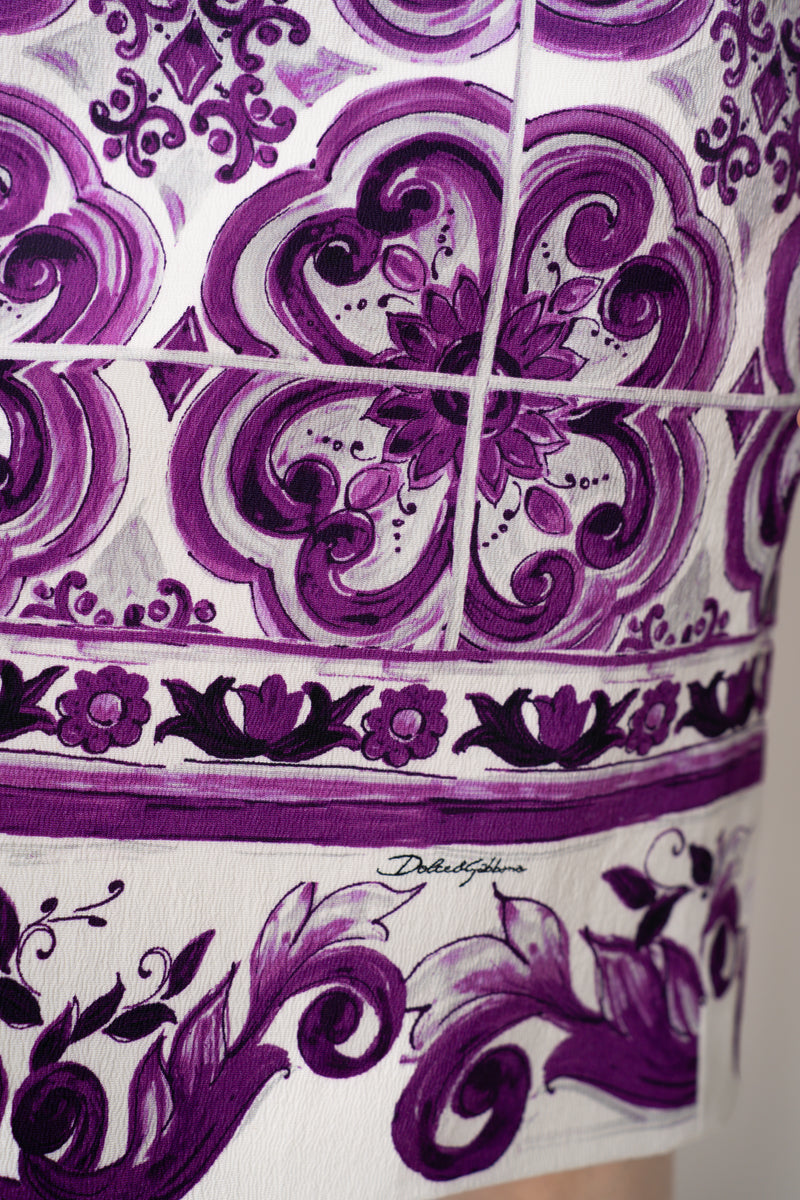 Dolce & Gabbana Majolica Print Viscose Blend Stretch Pencil Skirt in Orchid Purple Vancouver. Shop Online or in Store.