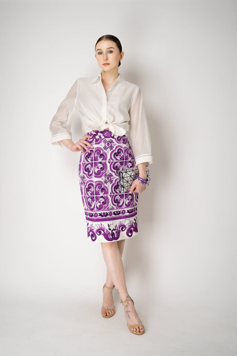 Dolce & Gabbana Majolica Print Viscose Blend Stretch Pencil Skirt in Orchid Purple Vancouver. Shop Online or in Store.