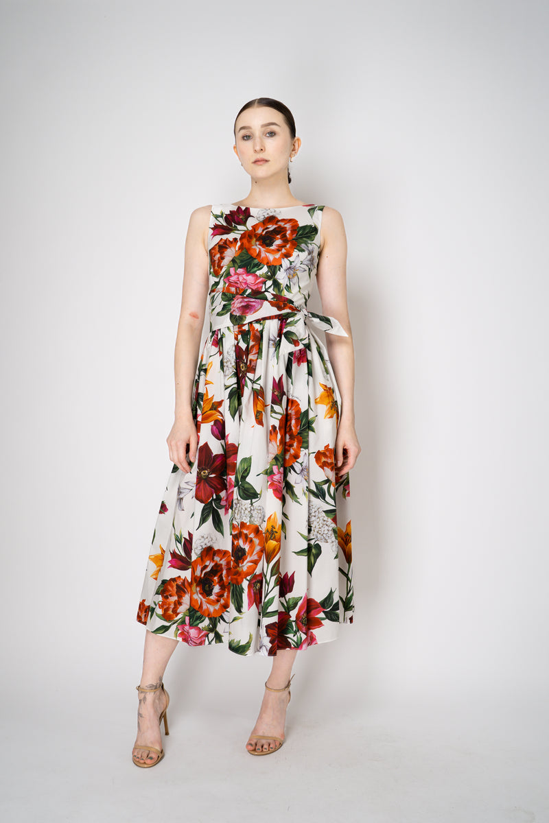 Dolce & Gabbana Rafia Flori Cotton Poplin Sleeveless Dress in Red and White Floral Print Vancouver. Shop Online or in Store.