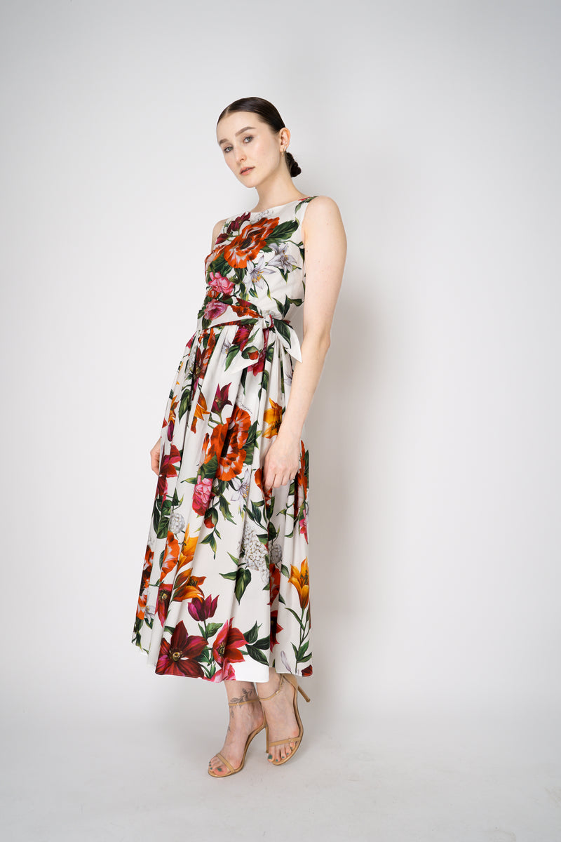 Dolce & Gabbana Rafia Flori Cotton Poplin Sleeveless Dress in Red and White Floral Print Vancouver. Shop Online or in Store.