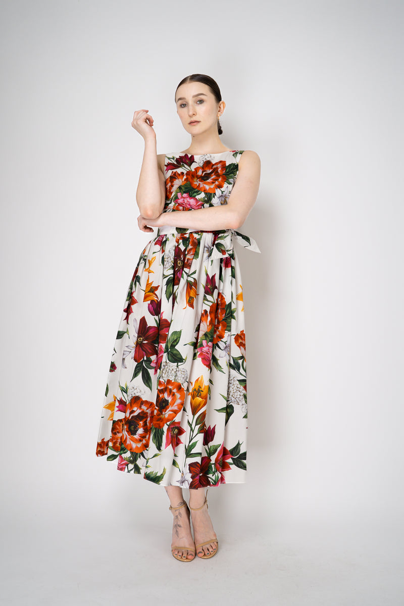 Dolce & Gabbana Rafia Flori Cotton Poplin Sleeveless Dress in Red and White Floral Print Vancouver. Shop Online or in Store.