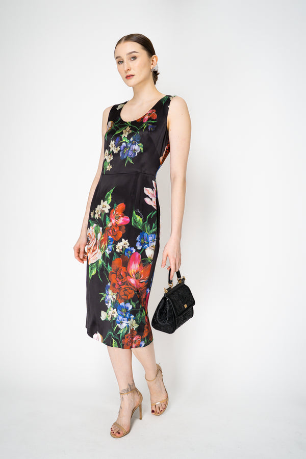 Dolce & Gabbana Satin Calf-Length Sheath Dress with Multicolour Floral Print in Black Vancouver. Shop Online or in Store.