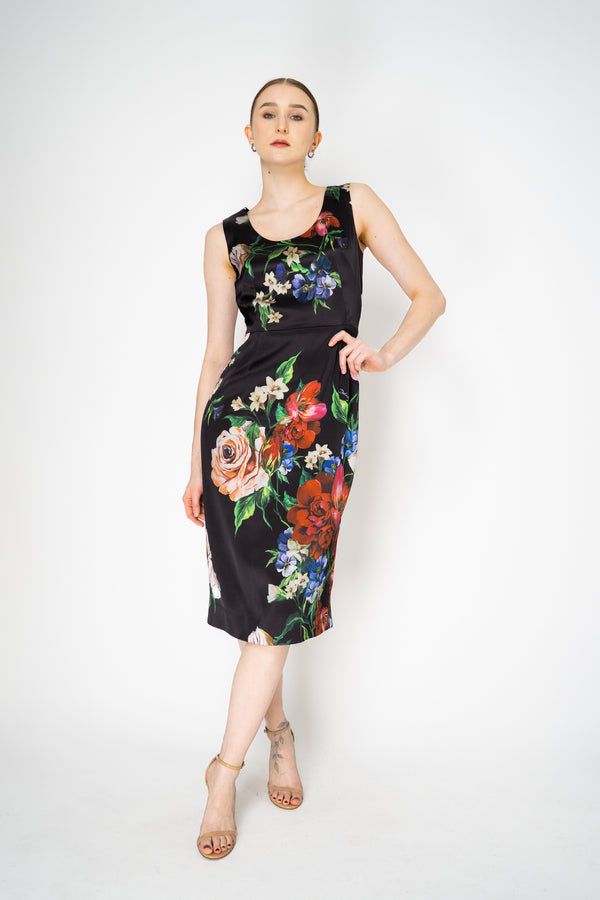 Dolce & Gabbana Satin Calf-Length Sheath Dress with Multicolour Floral Print in Black Vancouver. Shop Online or in Store.