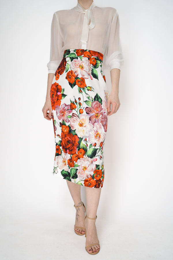 Dolce & Gabbana Silk Charmeuse Calf-Length Skirt in Red and White Floral Print Vancouver. Shop Online or in Store.