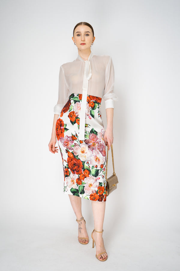 Dolce & Gabbana Silk Charmeuse Calf-Length Skirt in Red and White Floral Print Vancouver. Shop Online or in Store.