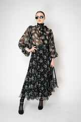 Dolce & Gabbana Silk Chiffon Skirt in Black Small Flower Bouquet Print Vancouver. Shop Online or in Store.