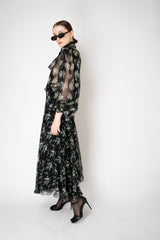 Dolce & Gabbana Silk Chiffon Skirt in Black Small Flower Bouquet Print Vancouver. Shop Online or in Store.