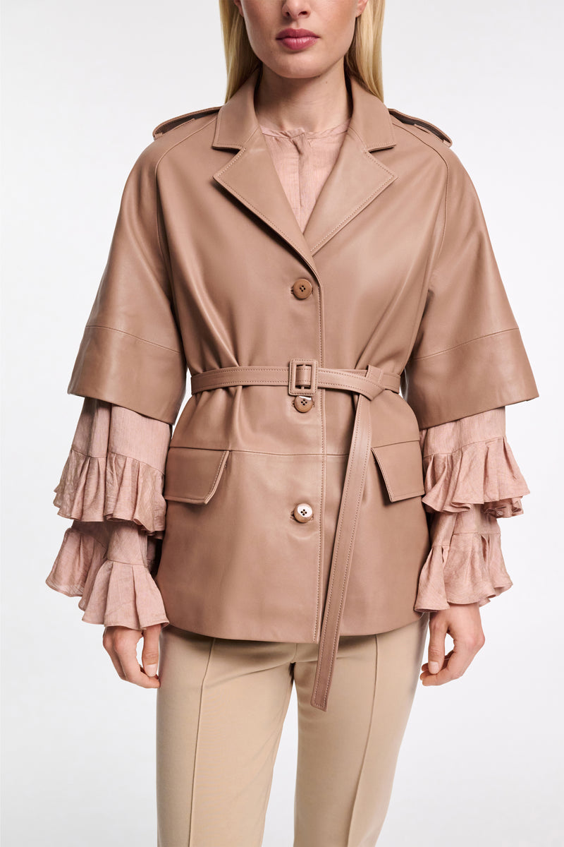 Dorothee Schumacher 3/4 Sleeve Lambskin Trench Coat in Tan Vancouver. Shop Online or in Store.