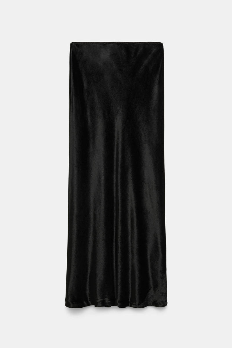 Dorothee Schumacher Bias-Cut Midi Skirt in Black Glossy Velvet Vancouver. Shop Online or in Store.