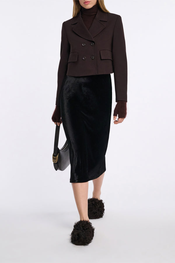 Dorothee Schumacher Bias-Cut Midi Skirt in Black Glossy Velvet Vancouver. Shop Online or in Store.
