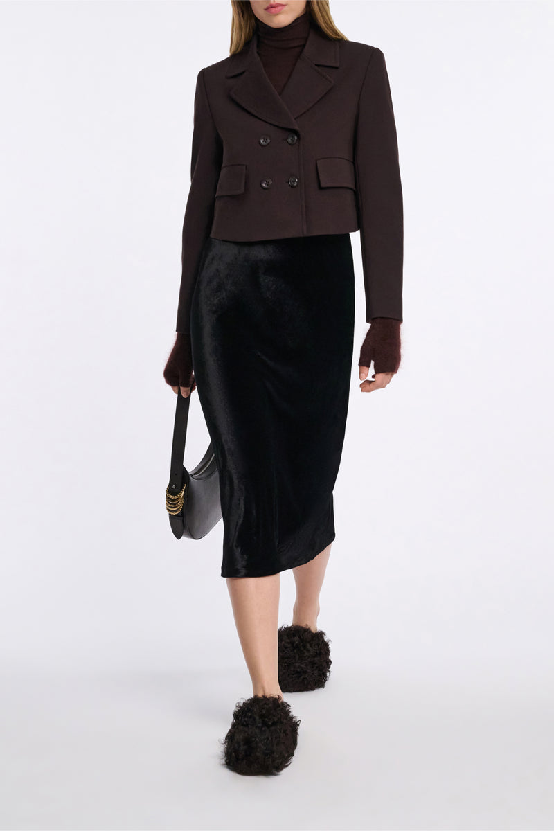 Dorothee Schumacher Bias-Cut Midi Skirt in Black Glossy Velvet Vancouver. Shop Online or in Store.